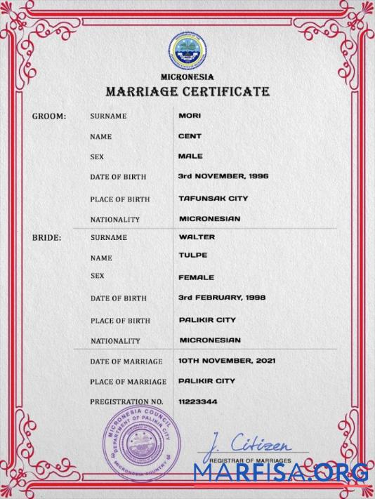 Realistic Micronesia marriage certificate PSD template